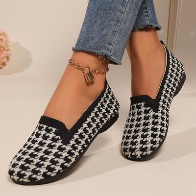 Women Flats 2024 New Round Toe Flat Shoes for Women Plus Size Shallow Sneakers Women Knitting Plaid Print Walking Loafers Shoes