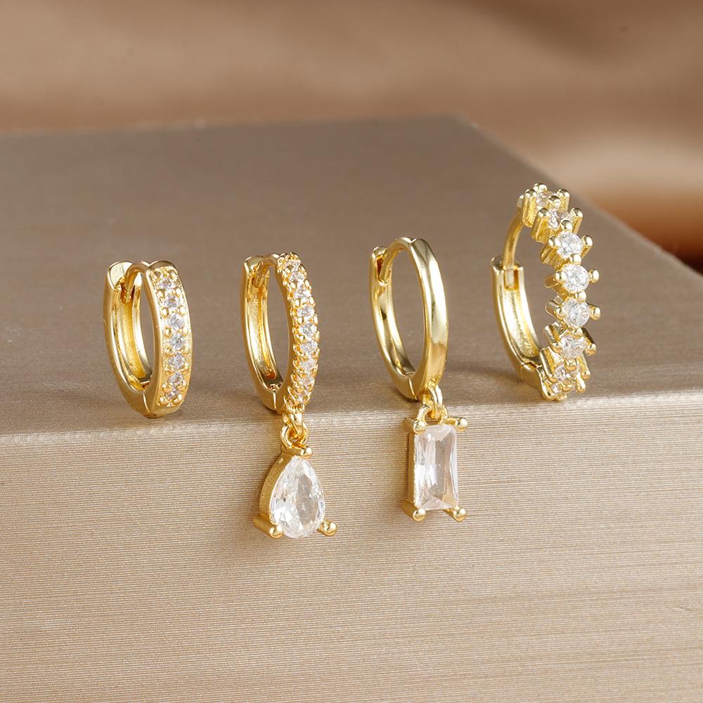 

4PCS Colorful Cubic Zirconia Stainless Steel Hoop Earrings Set for Women Pendant Water Drop Earring Cartilage Piercing Jewelry