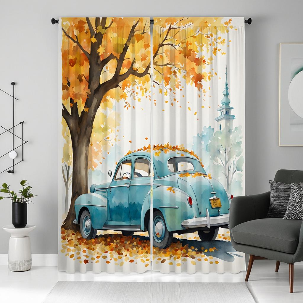 2 Pieces of HD Autumn Leaves Under the Blue Classic Car Curtain Yellow Digital Printed Curtain Home Decoration Style Decoration