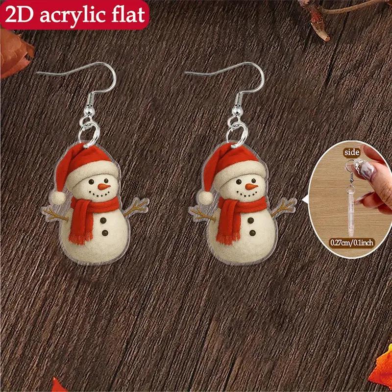 Festive Snowman Earrings: Flat Acrylic with Christmas Hat Design