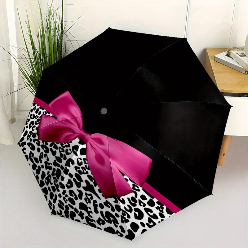 Women's Automatic Open/Close Umbrella with Shield & - Leopard Print Black Background, Pink Bow Accent - Automatic Folding, 8-R
