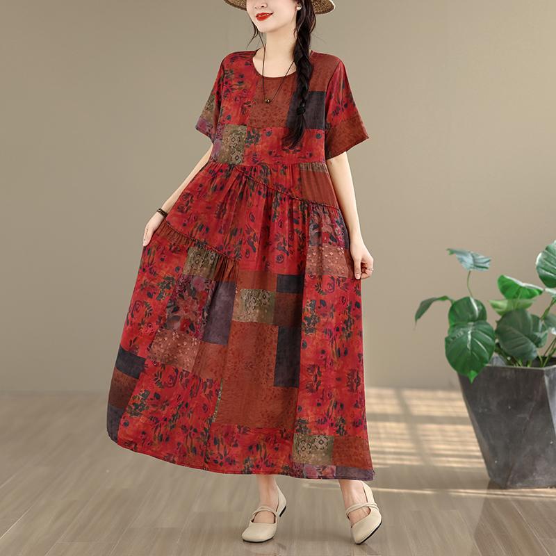 DIMANAF New 2026 Women Plus Size Spring Summer Casual Long Dress Print Red Cotton Loose Oversize Maxi Beach Sundress