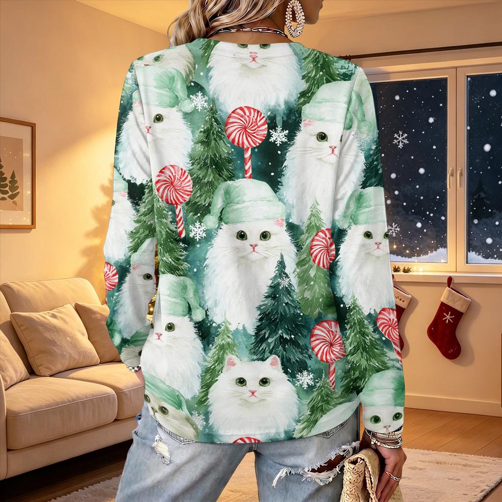 Women's V-Neck Long Sleeve Christmas Printed Lightweight Top for Spring and Summer