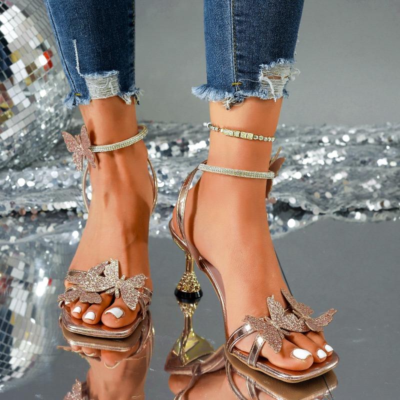 Spring New Foreign Trade Large Size Women's Casual and Comfortable Butterfly Rhinestone Sandals with Thin Heels