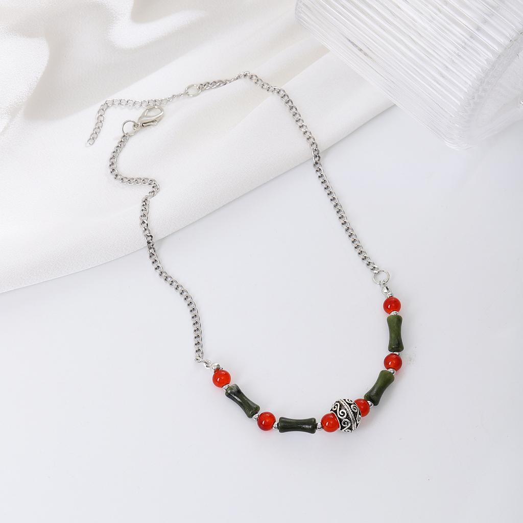 Retro Ethnic Style Coffee Color Beaded Necklace, Guochao Ancient Style Light Luxury Rice Beads Love Bamboo Collarbone Chain