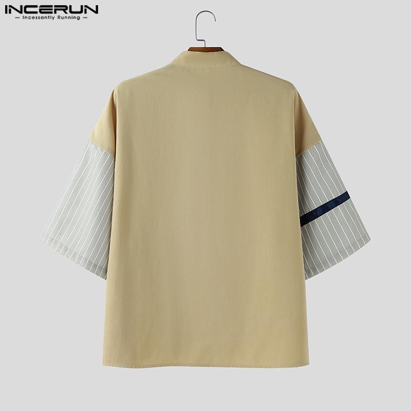 INCERUN Oversized Men Casual Loose Half Sleeve Stitching Striped Shirts