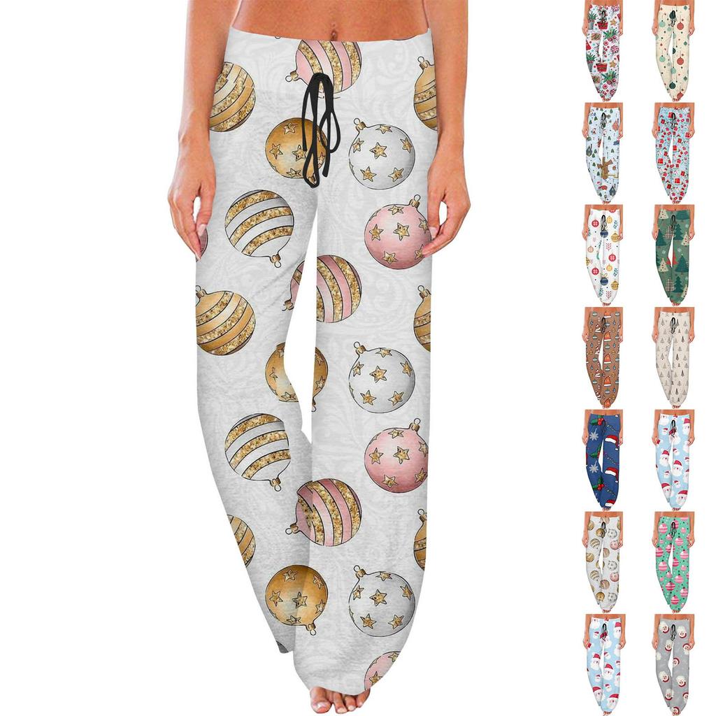 Women's Casual Fashion Comfort Pajama Pants Christmas Print Drawstring Wide Leg Pants