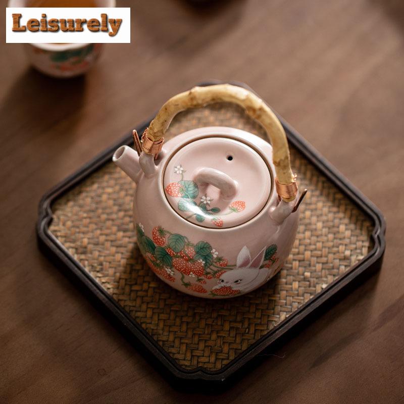 230ml Creative Pink Ru Kiln Lifting Beam Teapot Elegant Strawberry Rabbit Pot Tea Brewing Kettle with Infuser Chinese Tea Set