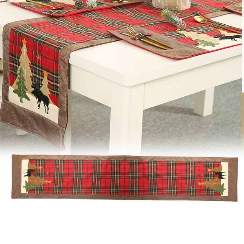 Charming Christmas Table Flag Stylish Plaid Fabric Embroidered Table Decor For Holiday Gatherings