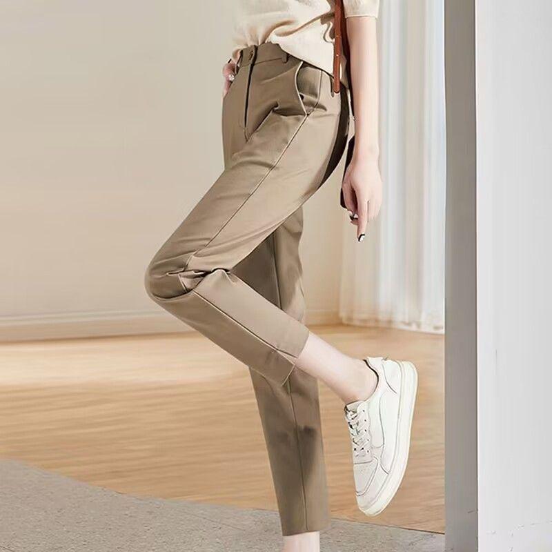 

Women s Khaki High-Waist Slimming Split Cigarette Pants for Work - Spring/Autumn S 25 [up to 85 lbs]