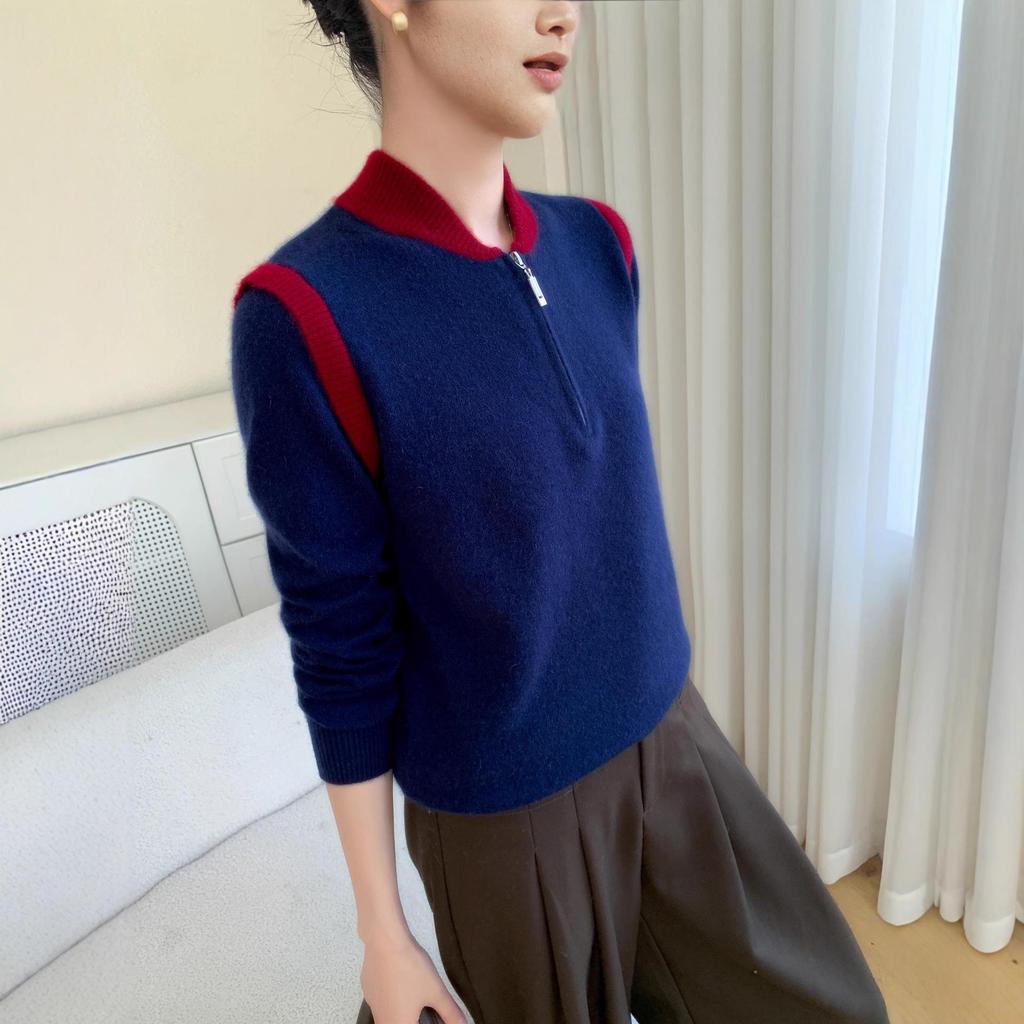New Style Women's Half-Zip Color-Block Cashmere Sweater - Autumn/Winter Slimming Knit Double-Layer Collar Top