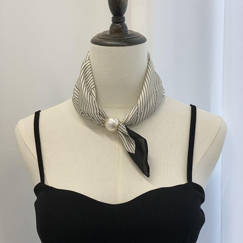Silk scarf new pearl necklace spring and summer thin magnetic buckle lazy silk scarf women's pendant scarf collarbone chain