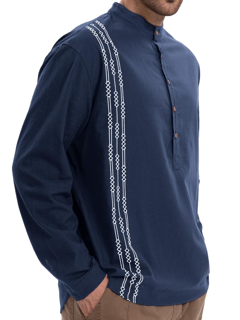 Męskie koszulki Henley na jesień-zimę i bawełniano-lniane T-shirty z nadrukiem, topy z długim rękawem w stylu vintage na miejski streetwear i sprzedaż hurtową