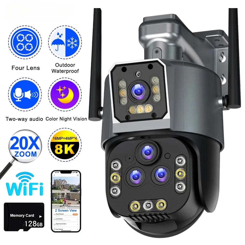 

Камера Wi-Fi 8K 4 Lens 20X Zoom PTZ Двостороннє аудіо Кольорове нічне бачення Зовнішня водонепроникна камера відеоспостереження CCTV Wi-Fi камера 16MP Camera No Card