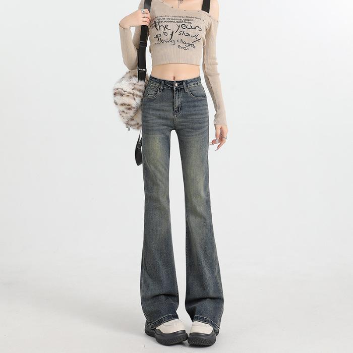 American retro micro-pull jeans women's new Spice Girl elastic small high-waisted flared pants