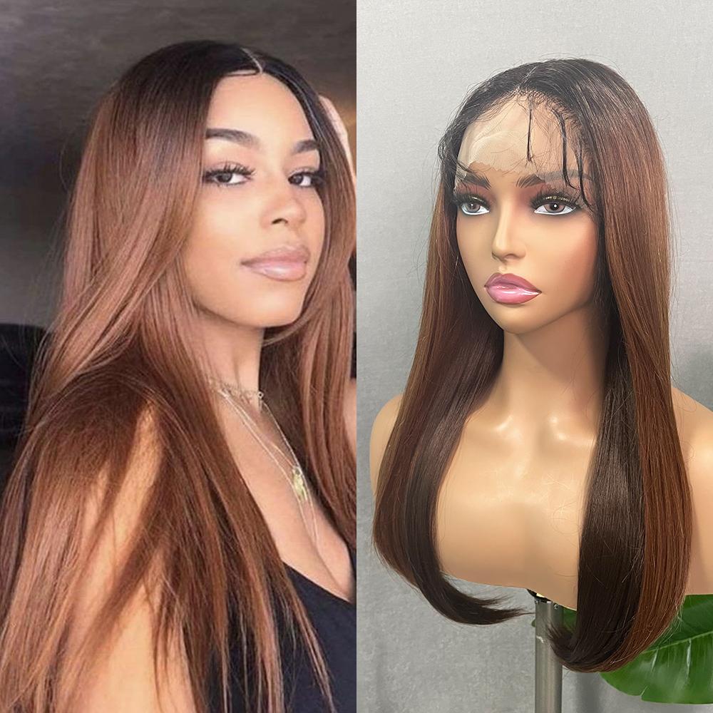 Long Straight Synthetic Lace Wig 32In Middle Part Wigs with Pre Plucked Baby Hair Brown Color Heat Resistant Fiber for Women