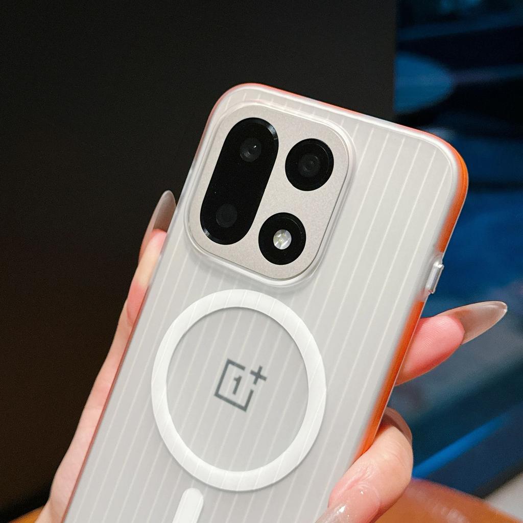 Luggage Stripe Magnetic For MagSafe Phone Case For Oneplus 15 Wireless Charging Transparent Corrugated Hard PC Slim Cover Funda