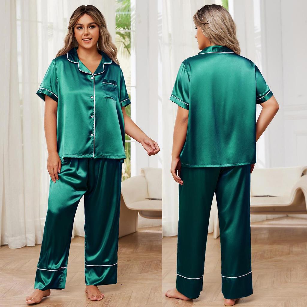 Schlafanzüge für Damen in Übergröße, Hemd- und Hosenset aus Kunstseide, Satin, große Größe, Pyjama, Frühlings- und Sommerkleidung, Nachtwäsche, Freizeitkleidung für zu Hause