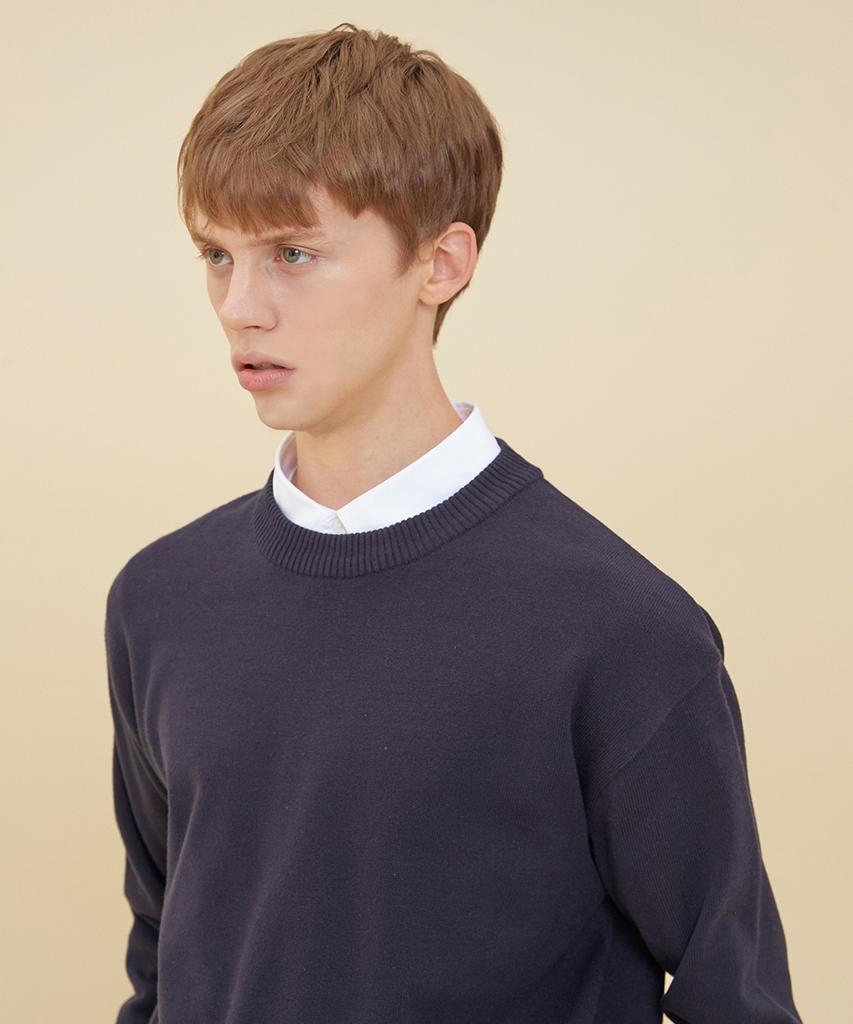 BLOND9 Semi Over-Fit Round Neck Sweater_Navy