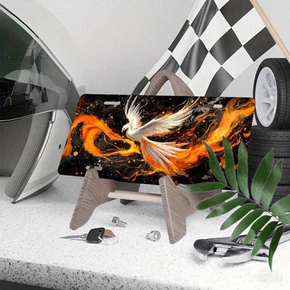 2D Flat Flame Phoenix License Plate Frame, Waterproof Aluminum Front Car Tag Cover, 5.9x11.8in Mythical Decorative E
