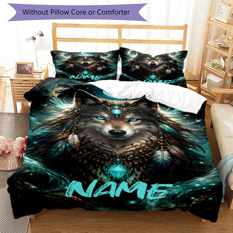 3pcs Custom Name Wolf Bedding Set Duvet Cover Closure Includes 1 Duvet Cover & 2 Pillowcases, Soft and Comfortable for All Seasons.