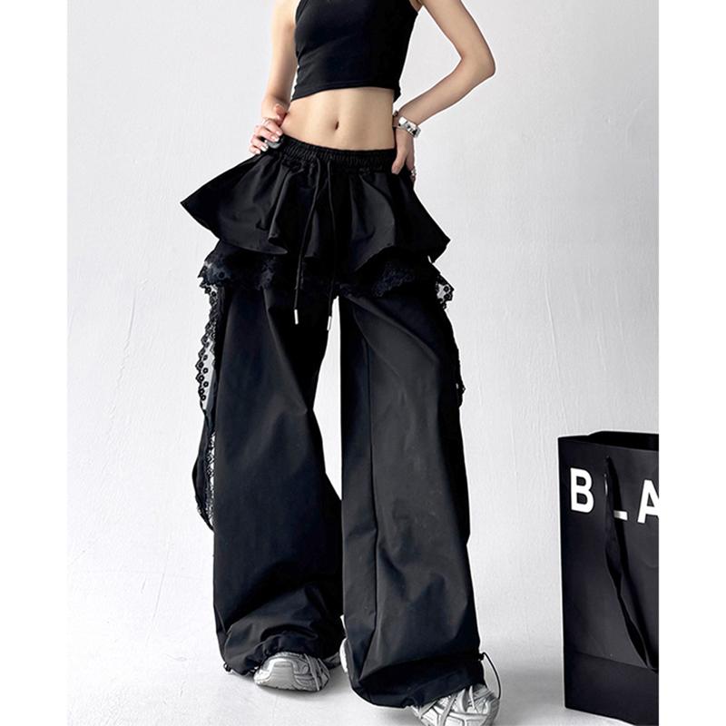 Pantaloni Larghi Estivi Gyaru Harajuku Coreani Pantaloni Cargo Neri Y2K Pantaloni a Gamba Larga Bianchi Patchwork di Pizzo Streetwear Donna