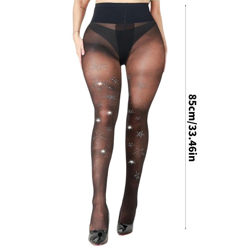 Women Sheer Stockings Sparkling Rhinestones Star Pattern Tights High Elastic Silky Pantyhose Thin See Through Leggings