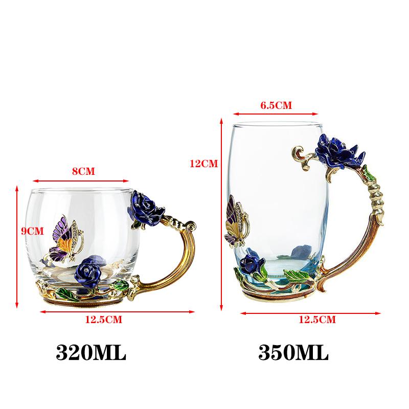 Blaue Rose Emaille Kristall Teetasse Kaffeetasse Becher Schmetterling Blume Wassertasse mit Löffel Trinkgeschirr Glastasse Liebhaber Hochzeit