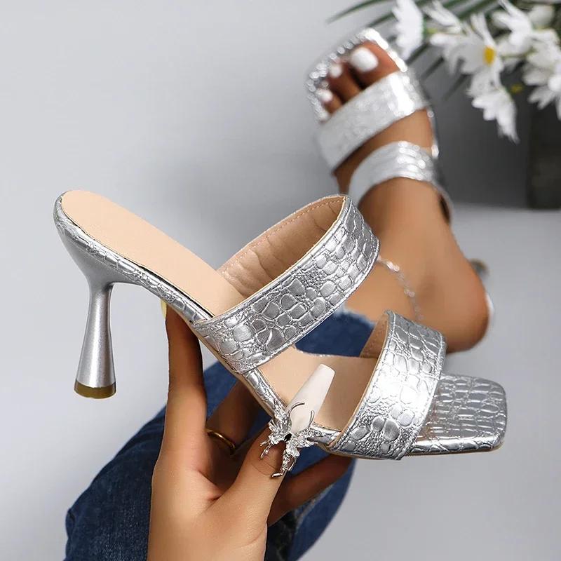 Luxury Gold Silver High Heels Slippers Women 2024 Summer Slip On Thin Heeled Sandals Woman Plus Size  Square Toe Party Shoes