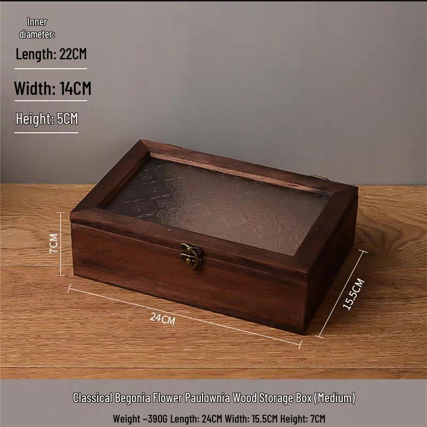 Crabapple Flower Glass Retro Wooden Storage Box for Desktop Sundries and Dressing Table Decor