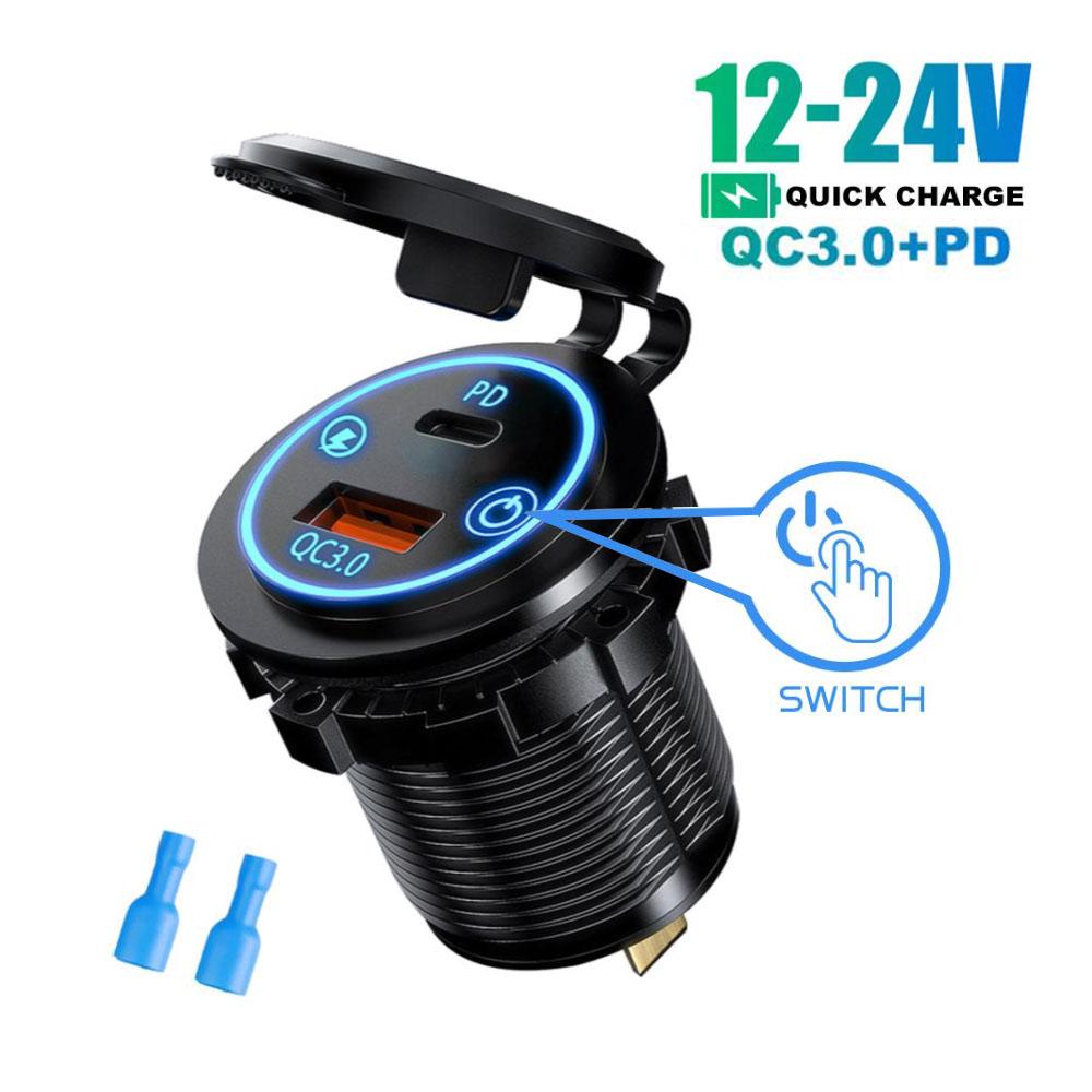 IP65 Waterproof 12-24V Car Charger Socket, PD QC3.0 Dual USB Type C Fast Charging Power Outlet with ON/OFF Switch for Motorcycle, Truck, RV, ATV, Boat