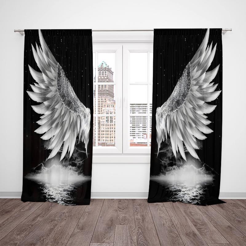 2pcs- Pure Black Cool Wing Polyester Curtains, Bathroom, Bedroom, Living Room, and Family Room Decorative Curtains