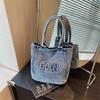 Mini Borsa Tote in Denim Lavato con Design a Lettere Ricamate Manico Superiore Borsa a Mano Piccola Casual per Donne Quotidiana