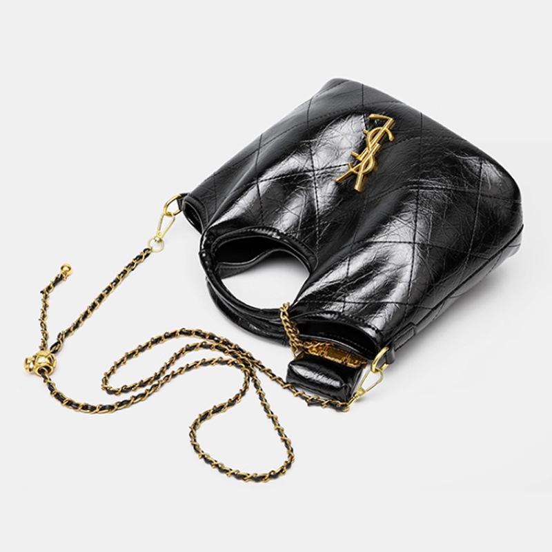 Black Argyle Basket Single Shoulder Handbag - High-End Retro Soft Leather Crossbody Bag for Women