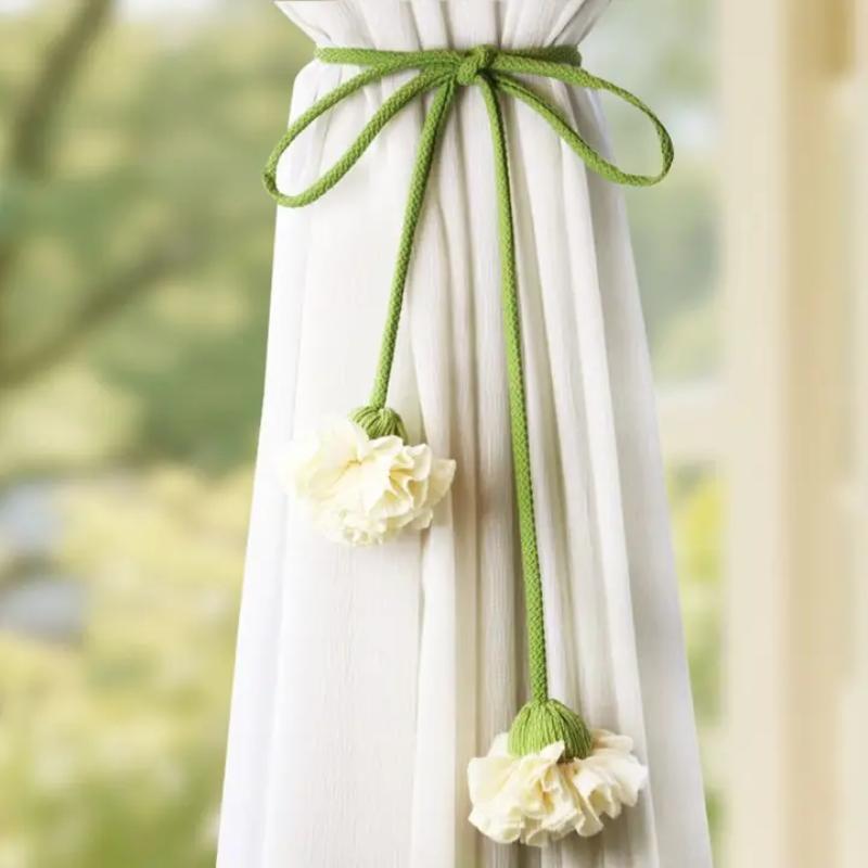 Elastic Band Curtain Tieback Flower Shape Adjustable Window Curtain Buckles Tassels No Punching Curtain Rope Holders Kids Room
