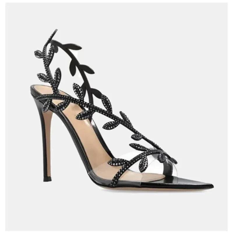 

Designer Rhinestone Leaf Decoration Stiletto Sandals Women Sexy Pointed Toe Transparent Pvc Strap High Heels Summer Party Shoes 42