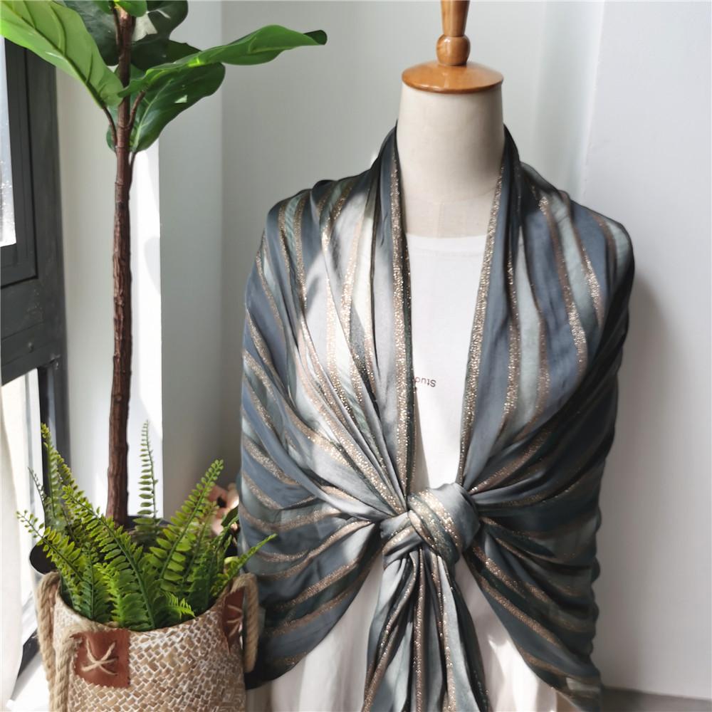 Silk Scarf for Women's New Spring and Autumn Women's Scarf for Women's Gold Thread Vertical Stripe Elegant Shawl for Women's Headscarf