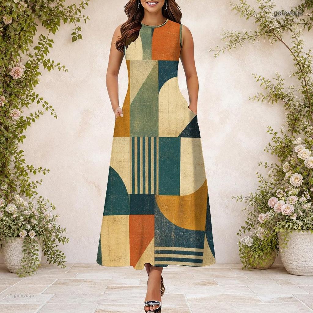 Women Plus Size Round Neck Sleeveless Blue Yellow Geometric Printed A Line Long Dress With Side Pockets