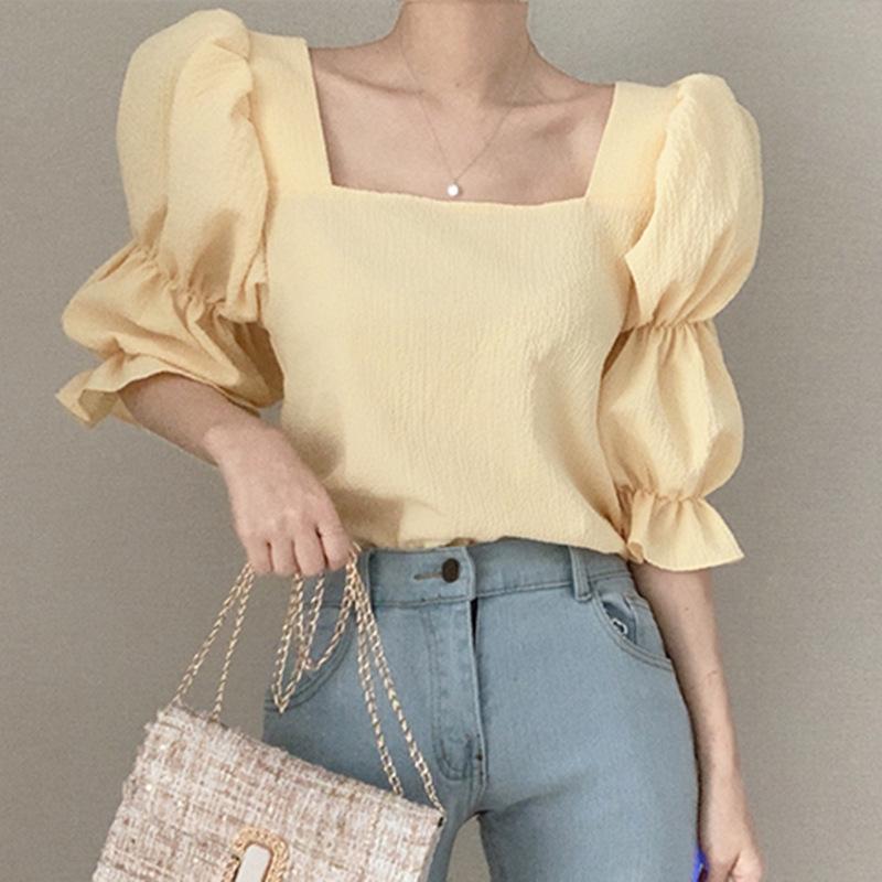 Retro Puff Sleeve Square Neck Short Sleeve T-Shirt Women's Summer Dress New Small Design Shirt