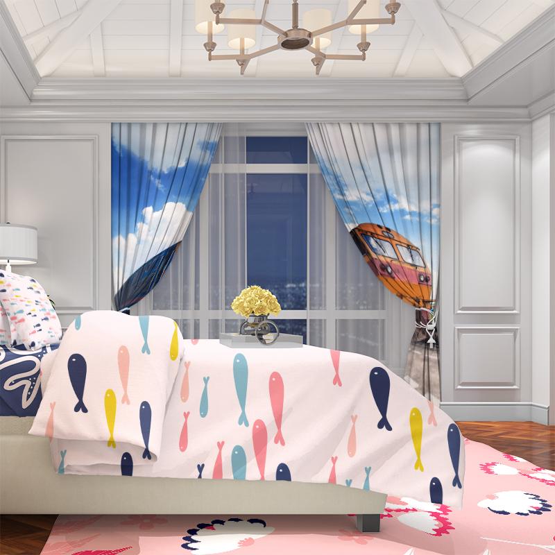 Tåg under blå himmel - HD-tryckta gardiner - Polyester - Lämpliga för sovrum, vardagsrum, arbetsrum (anpassningsbar)