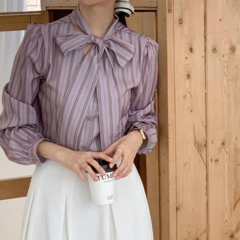 New ArriValS Open Run Women S V Neck Stripe Tie Long SleeVe blouSe