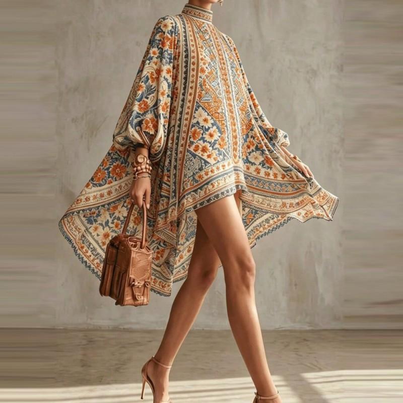 Boho Chic Print Maxi Dress With Lantern Sleeves Loose Fit Casual Women