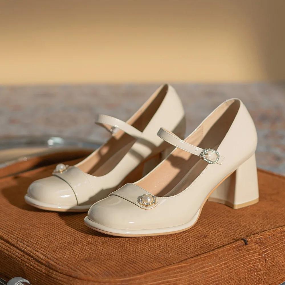 Fashion High Heeled Women's 2025 Spring/summer New Mary Jane Shoes Thick Heels High Heels Womens Leather Shoes Retro Round Toe Pumps