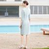 Spring/Summer Light Blue Professional Round Neck Seven-Sleeve Formal Dress for Women