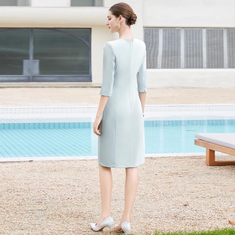Spring/Summer Light Blue Professional Round Neck Seven-Sleeve Formal Dress for Women