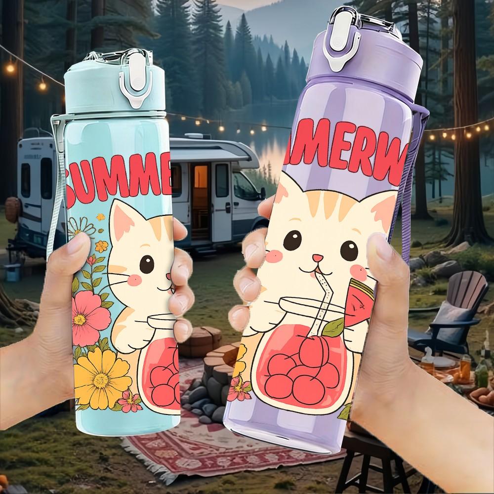1PC Summerween Floral Cat 750ml Color Plastic Sports Water Bottle Leakproof Flip Straw Lid Suitable for Sports Office Home Use