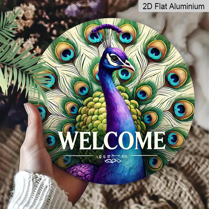 2D Flat Aluminum 7.87 Inch X 7.87 Inch Peacock Style Welcome Sign Wall Decor, Vintage Style, Suitable for Cafes, Living Rooms, Kitchens, Bars