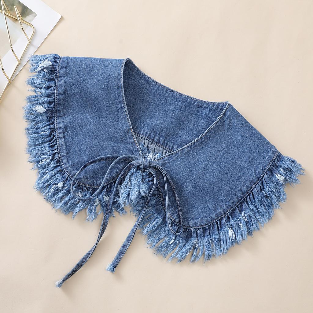 Women's Washed Denim Shawl Collar with Pleated Lace and Fashionable Fake Collar