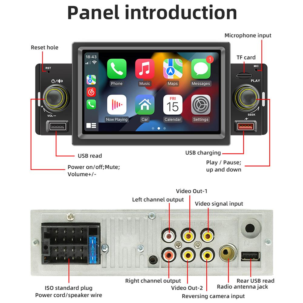 1 Din Car Radio CarPlay Android-Auto 5 Inch MP5 Player Bluetooth Hands Free A2DP USB FM Receiver Audio System Head Unit SWM151C