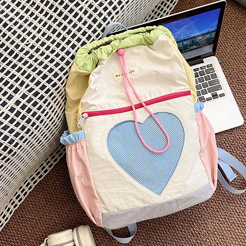 Women School Bookbag Girls Color-Block Large Capacity Backpack Nylon Drawstring Fashion Laptop Daypack Travel Cute Rucksack